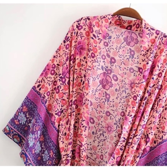Cotton Floral Boho Kimono NEW Pink Purple - Picture 5 of 11
